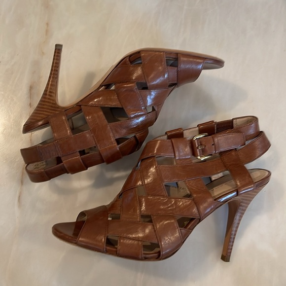 Ellie Tahari Brown Leather Peep Toe Sandals High Heels 9 1/2 - Picture 2 of 12